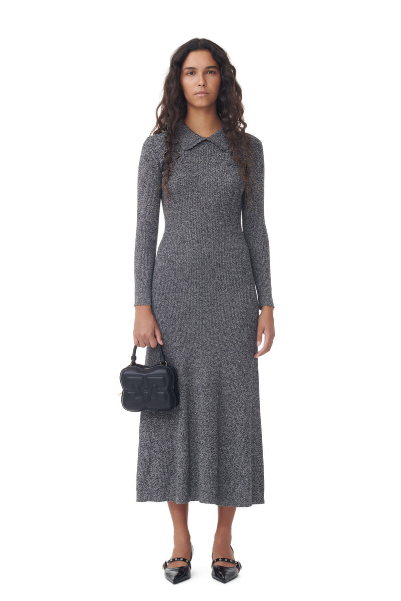 Grey Collar Maxi Dress, Cashmere, in colour Ebony Melange - 1 - GANNI