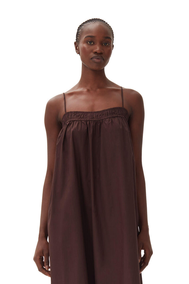 Brown Cotton Poplin Midi Strap klänning, Cotton, in colour Mole - 2 - GANNI