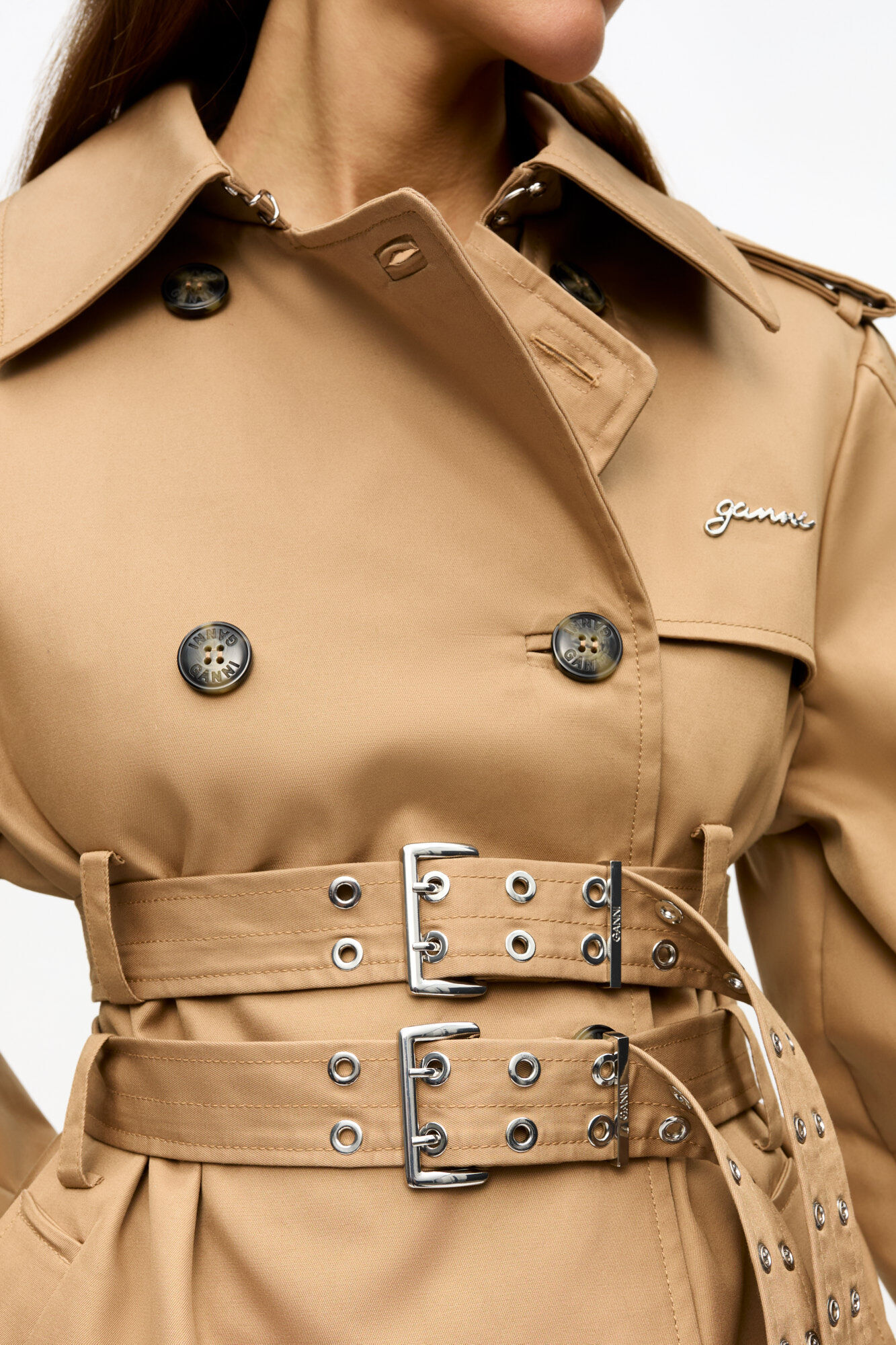 Camel Bonded Cotton Trench Coat, Organic Cotton, in colour Tiger's Eye - 3 - GANNI