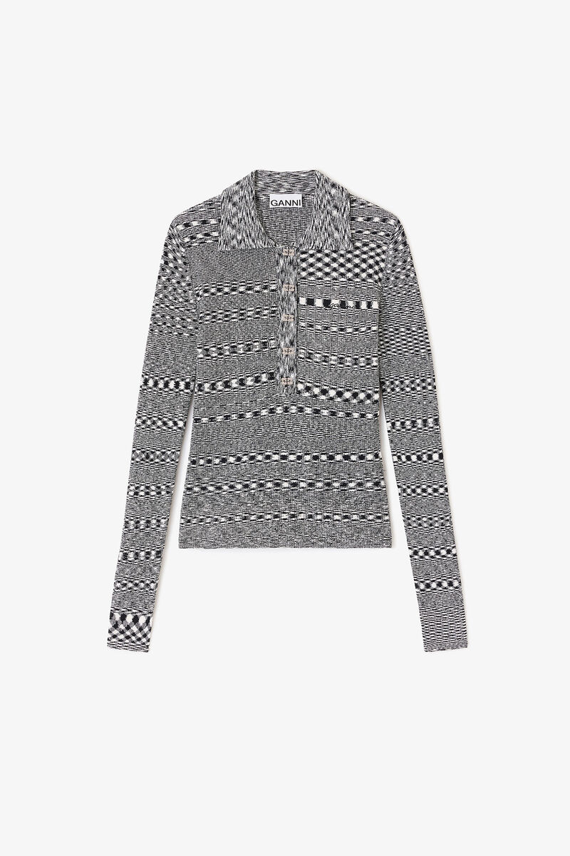 Grey Striped Knitted Polo Shirt, Polyamide, in colour Black - 1 - GANNI
