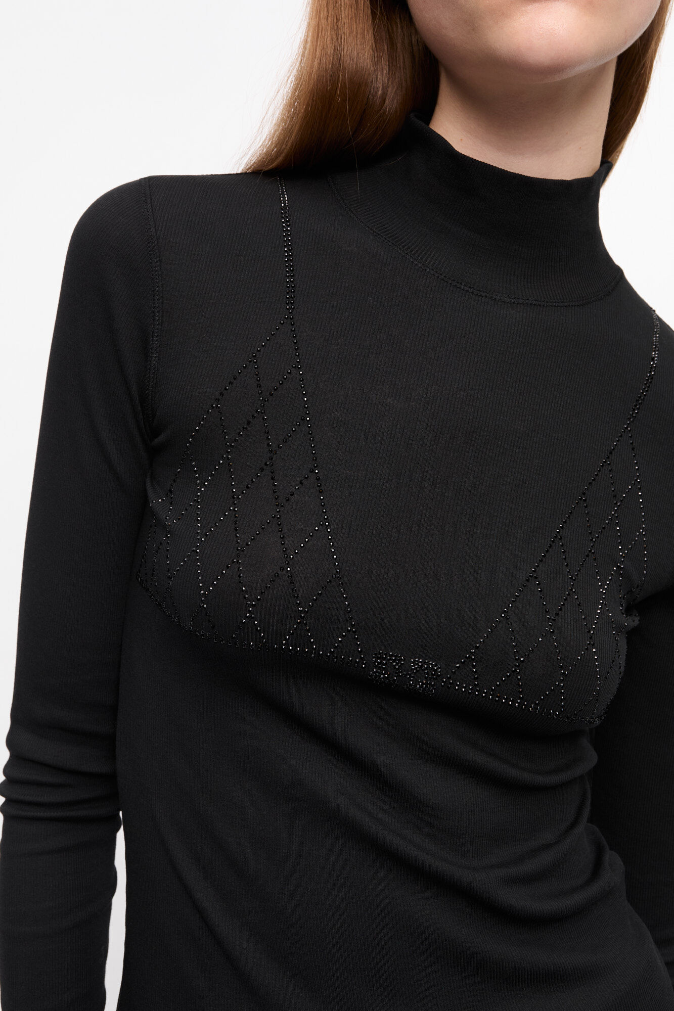 Black Soft Cotton Rib Rhinestone Top, Elastane, in colour Black - 4 - GANNI