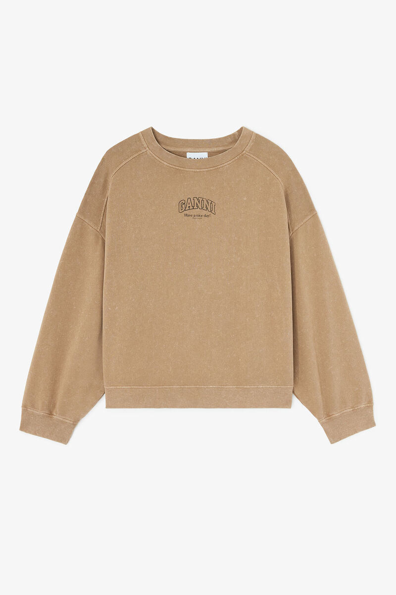 Essentials Crewneck with Washed Effect, Organic Cotton, in colour Coca Mocha - 1 - GANNI