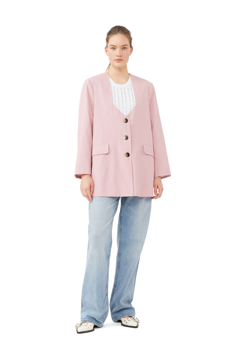 Oversized Drapey Melange Blazer, Elastane, in colour Pink Tulle - 1 - GANNI