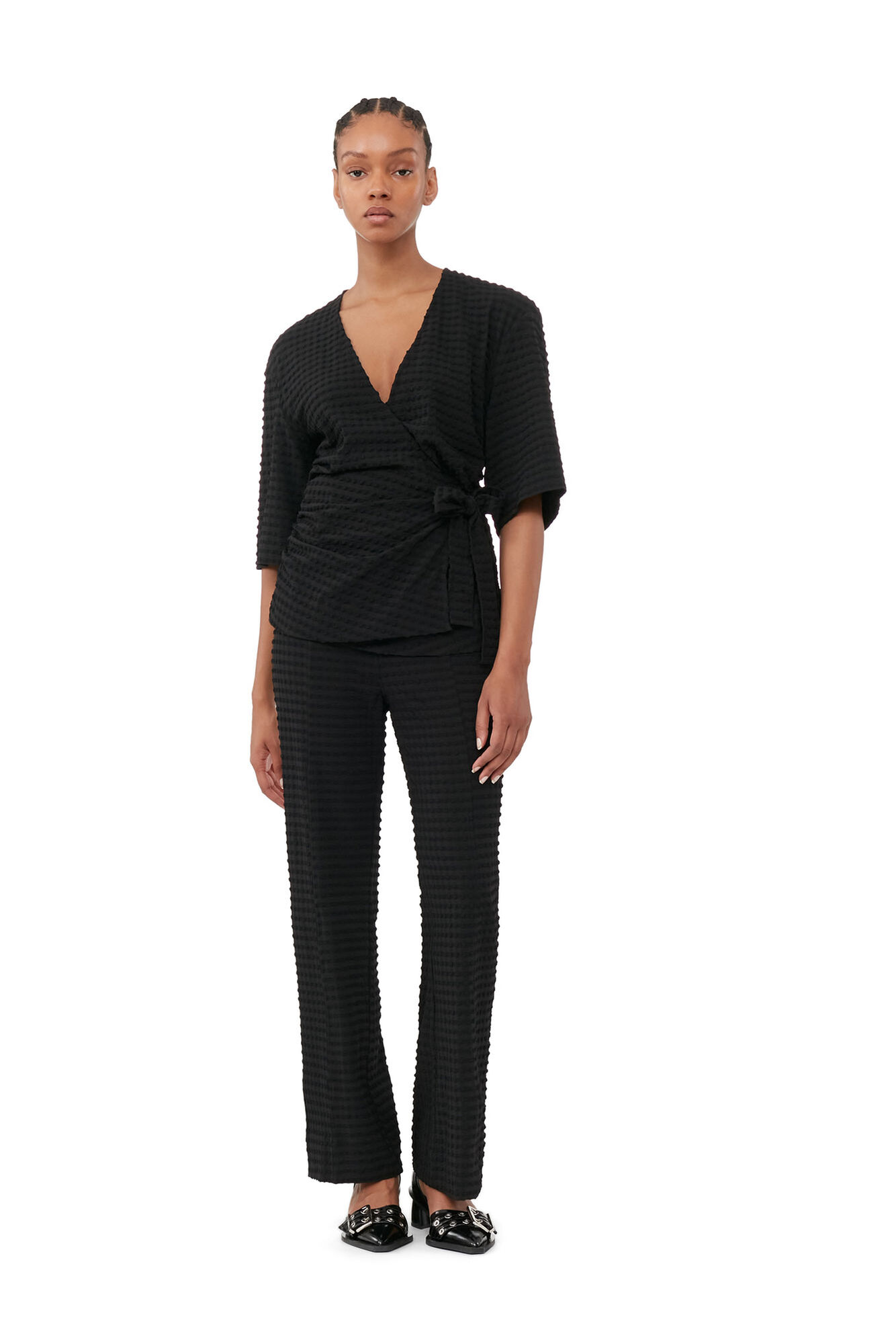 Black Stretch Seersucker Wrap Blouse, Elastane, in colour Black - 2 - GANNI