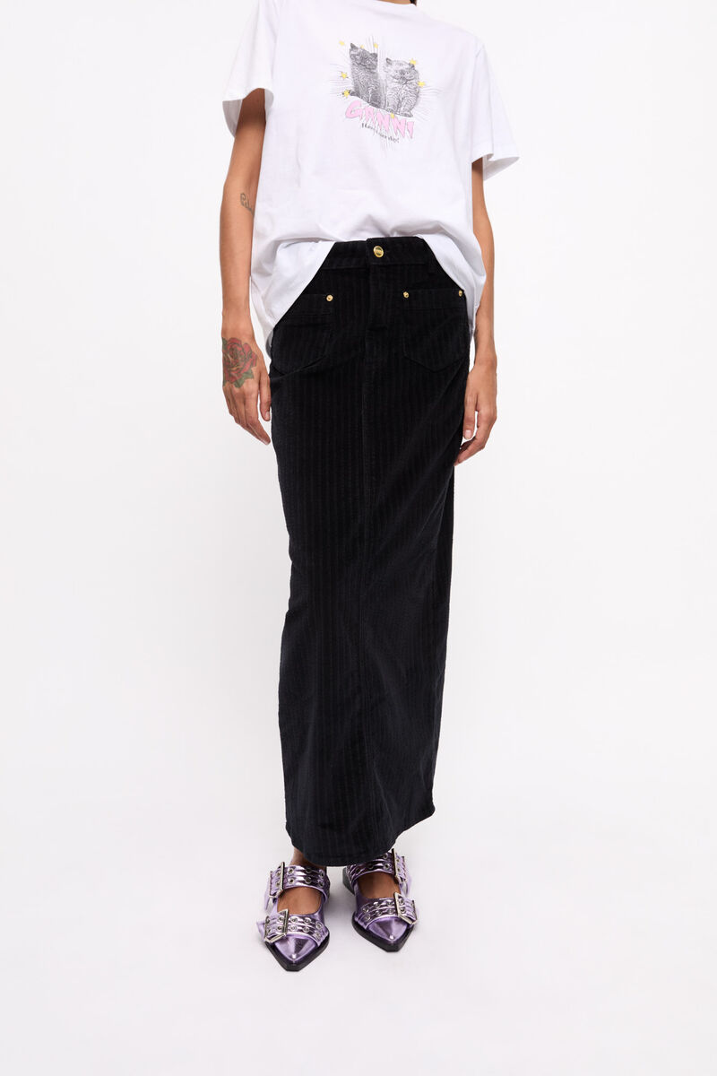 Black Corduroy Maxi Skirt, Elastane, in colour Black - 2 - GANNI
