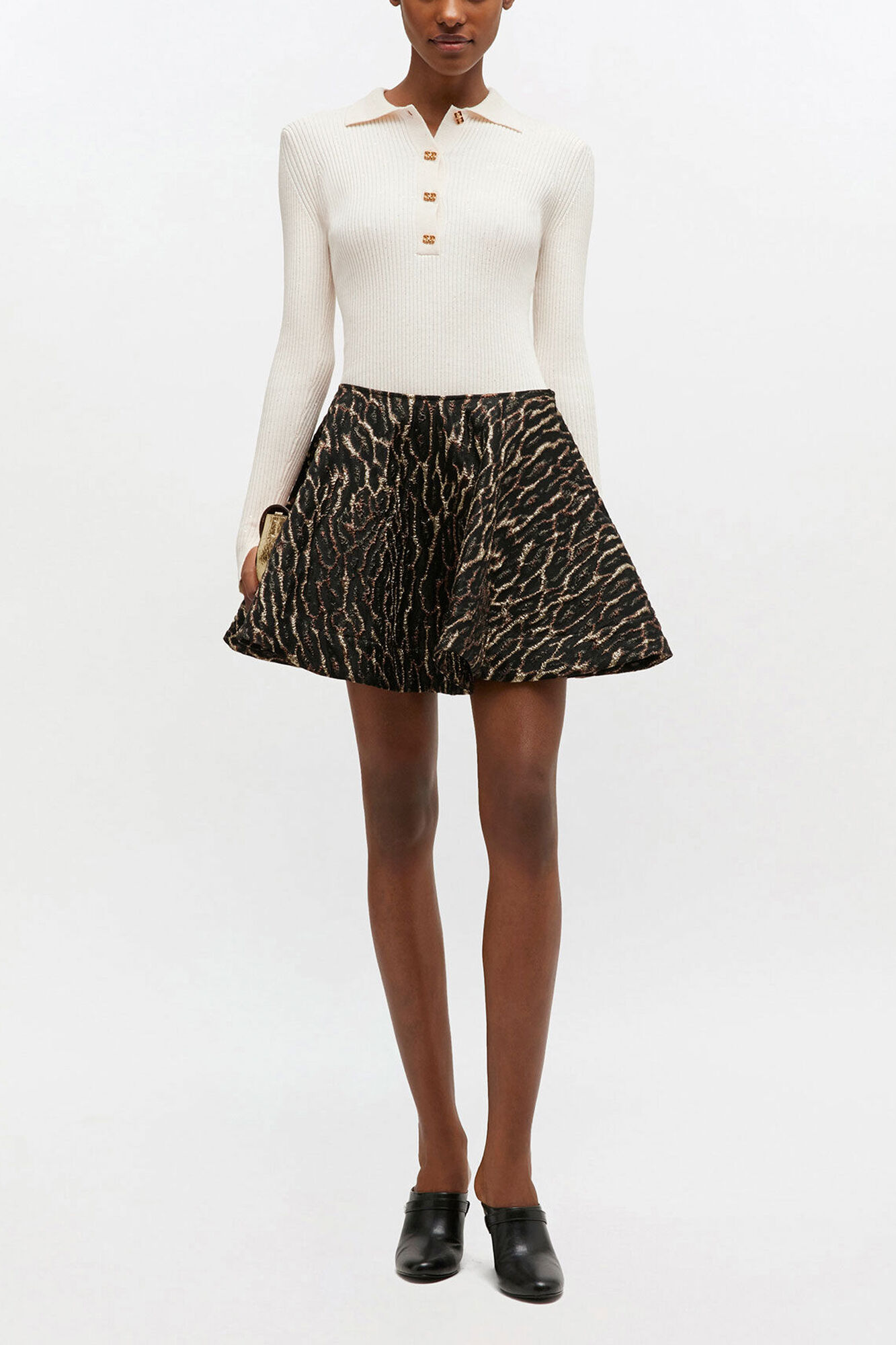 Metallic Cloque Circle Skirt, Recycled Polyester, in colour Antique Bronze - 1 - GANNI