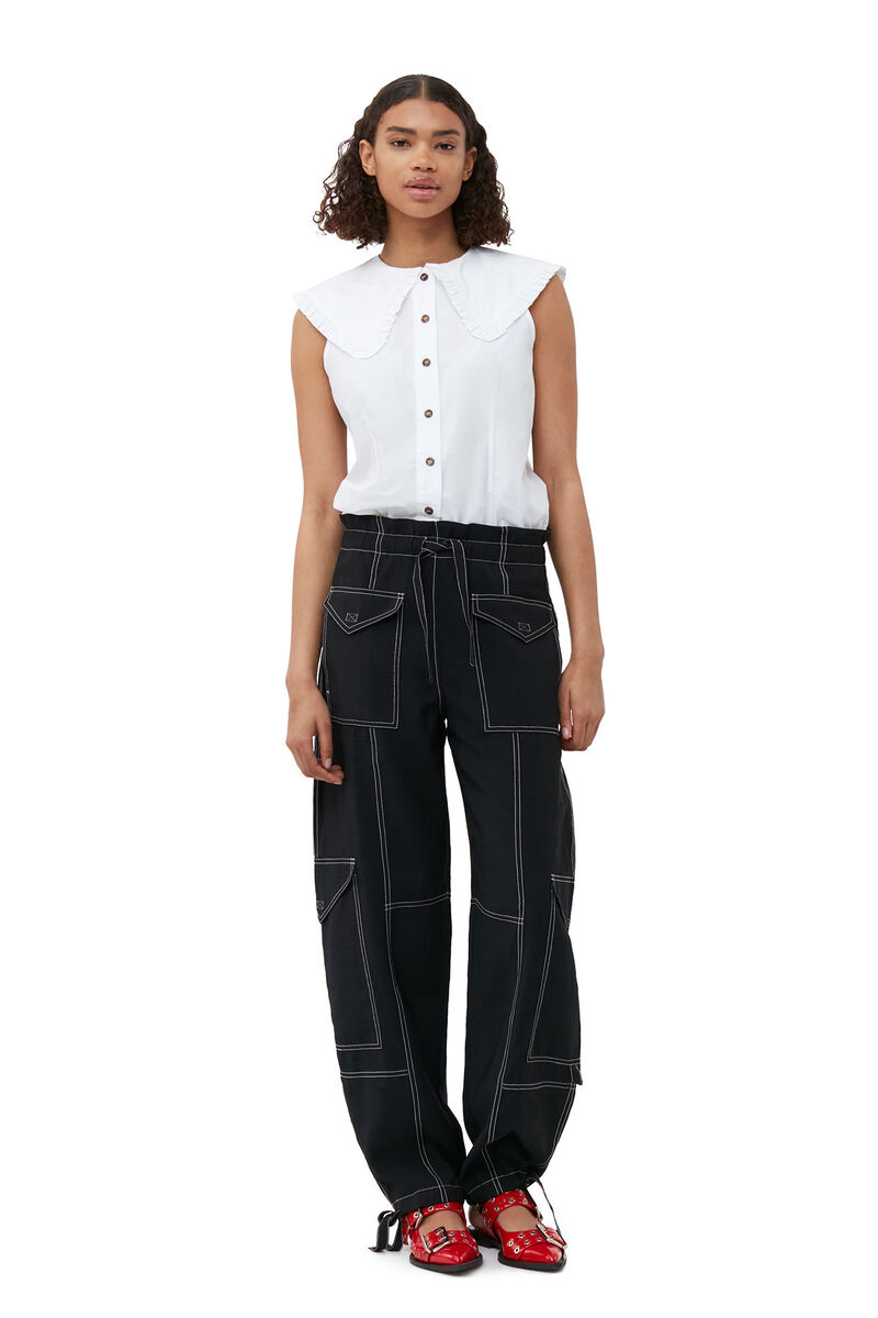 Light Slub Pocket Pants, Polyester, in colour Black - 1 - GANNI