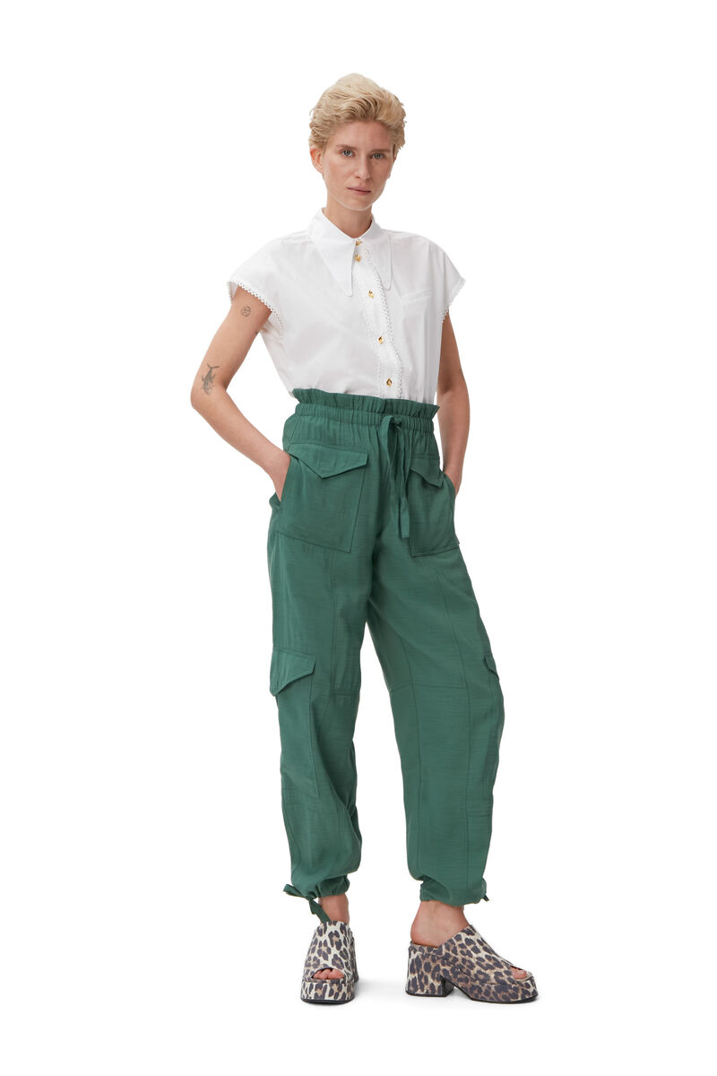 Slub Cargo Pants, Polyester, in colour Myrtle - 1 - GANNI