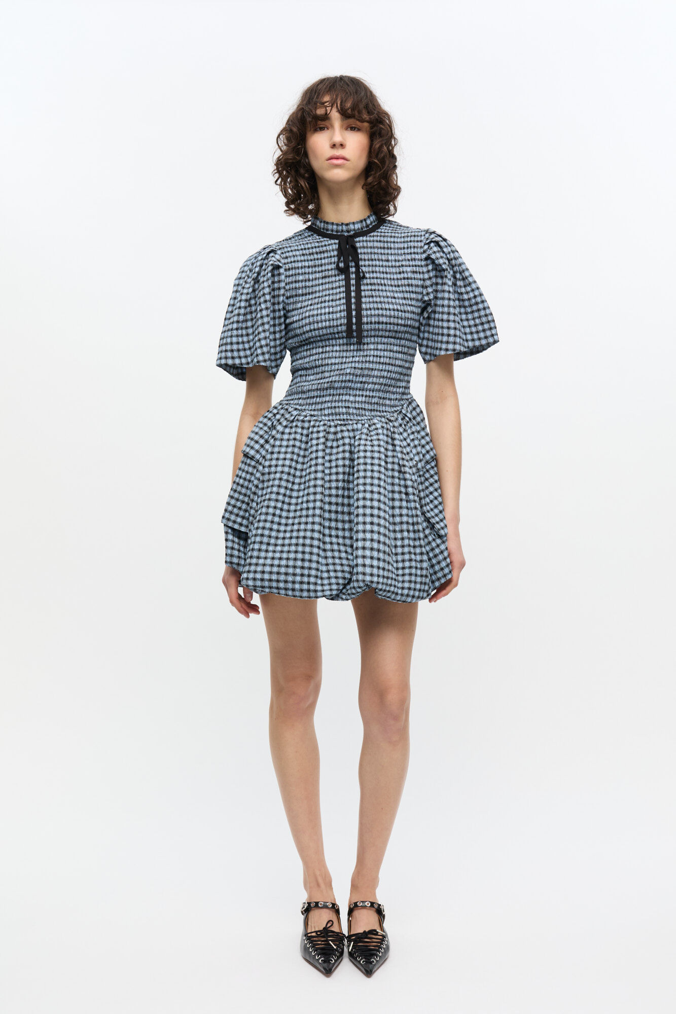 Blue Seersucker Check Mini Smock Dress, Elastane, in colour Soft Chambray - 1 - GANNI