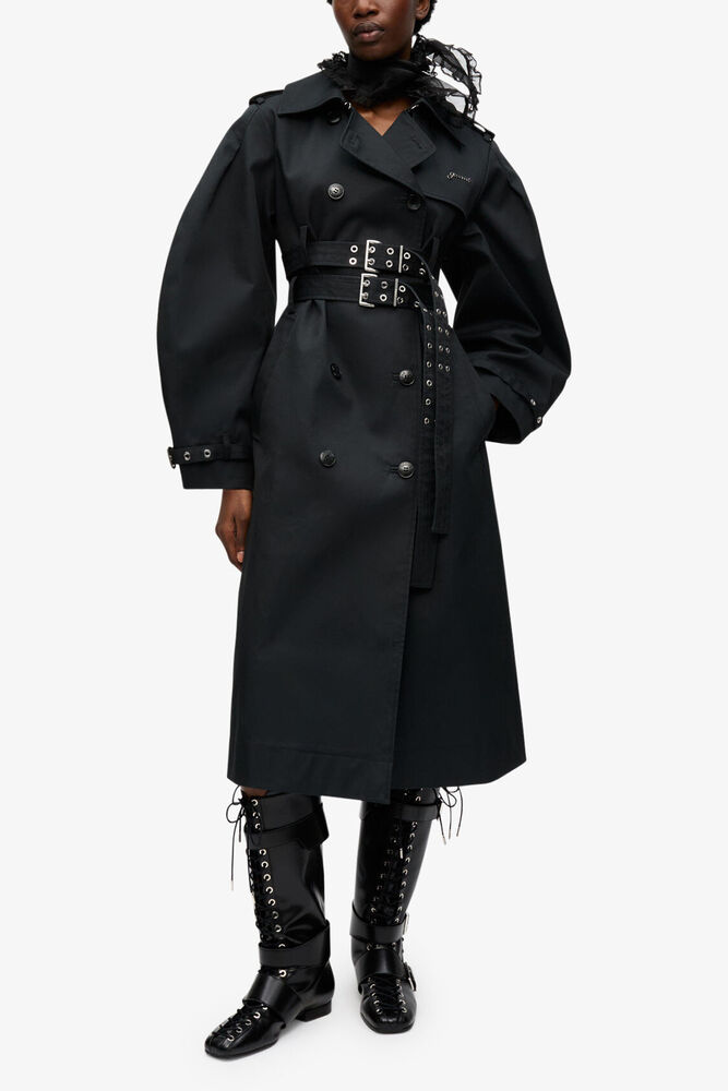 Black Bonded Cotton Trench Coat, Black