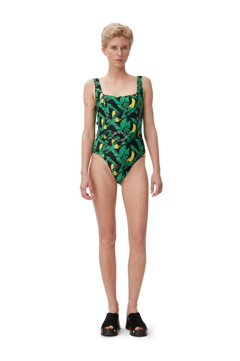 Belted One-Piece Swimsuit, Elastane, in colour Banana Tree Black - 1 - GANNI
