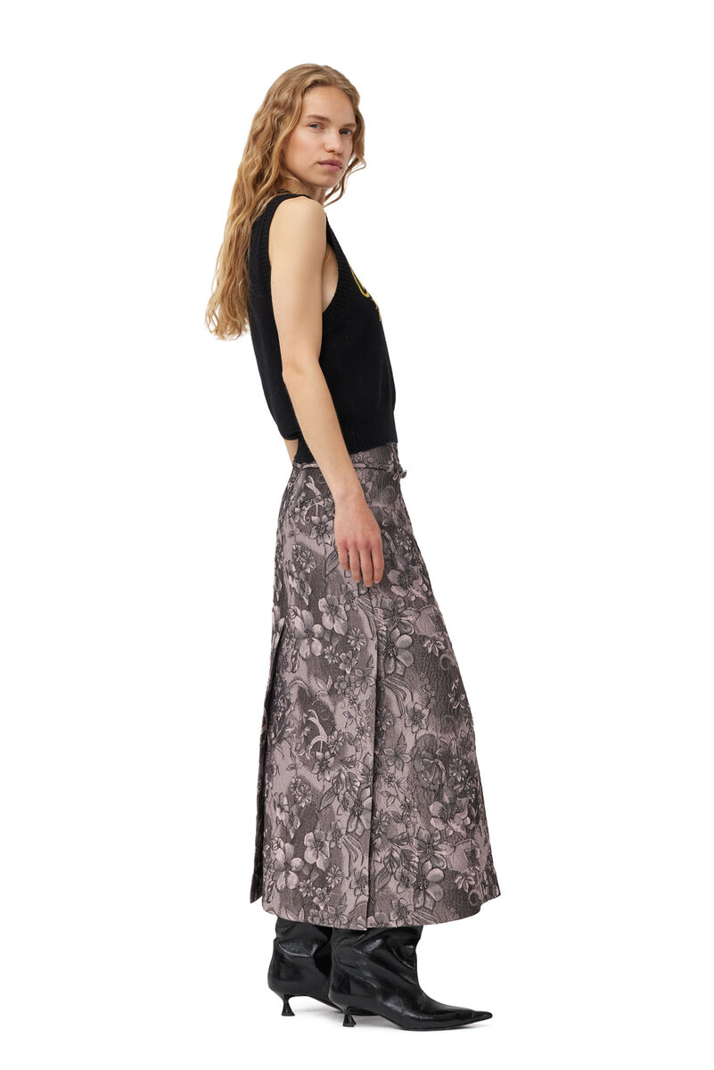 Rippled Jacquard Long Slit Skirt, Elastane, in colour Black Lotus - 3 - GANNI