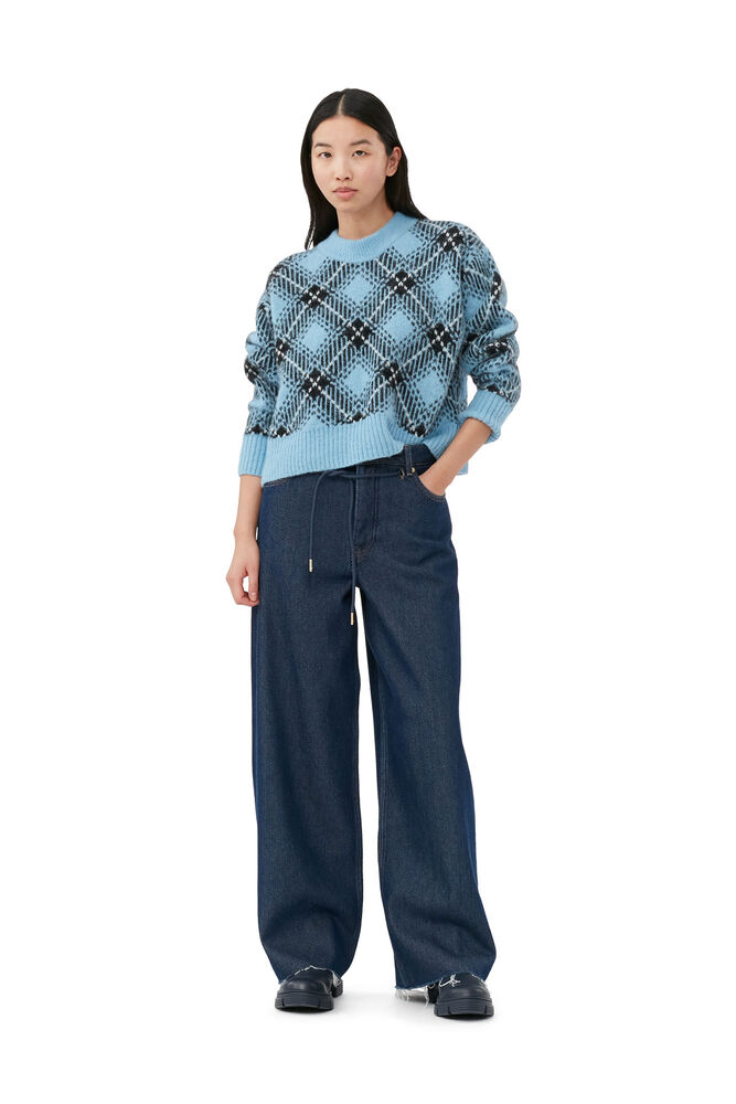 GANNI Blue Checkered Oversized Wool Pullover,Silver Lake Blue