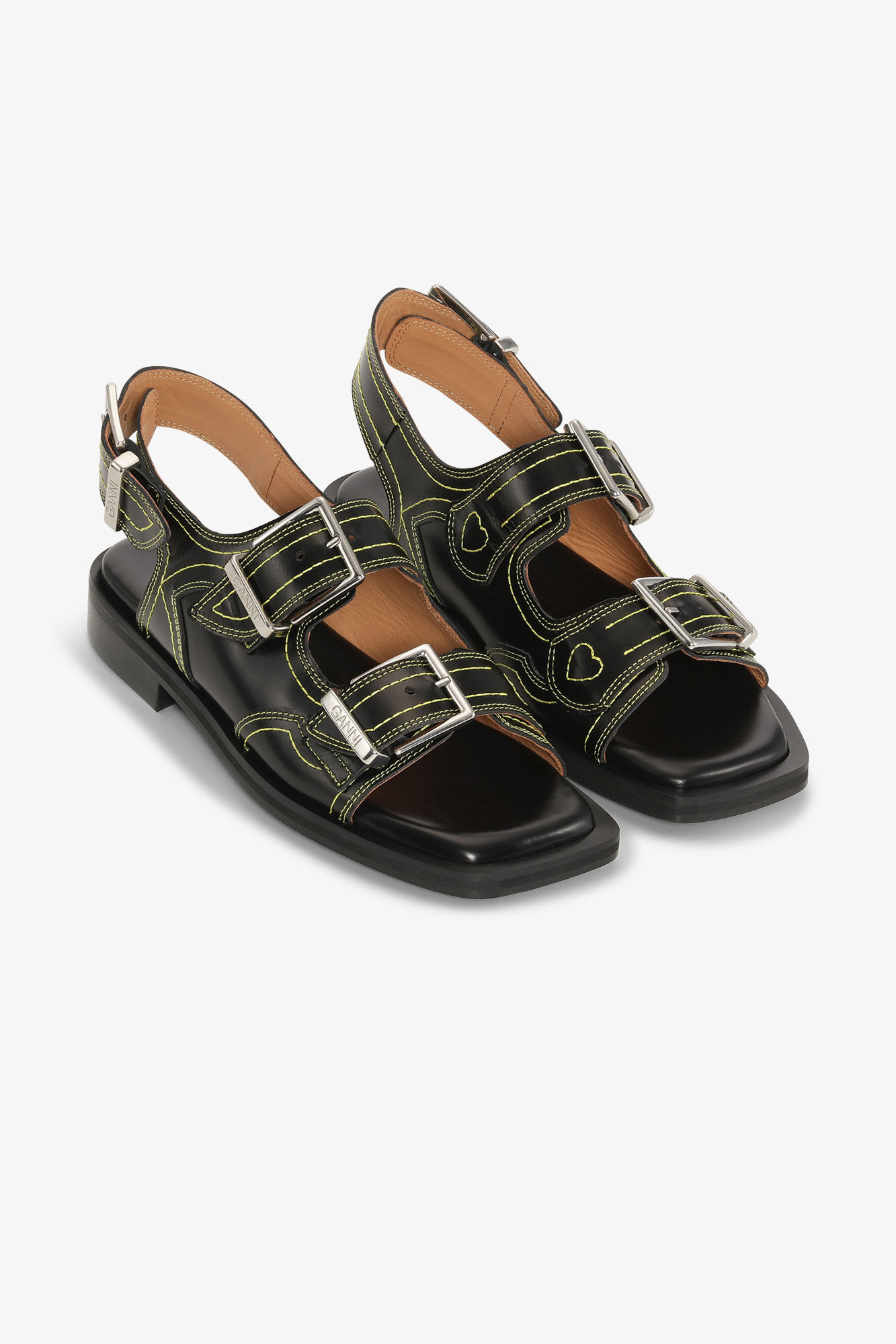 Embroidered Western Sandals, Calf Leather, in colour Black/Yellow - 2 - GANNI