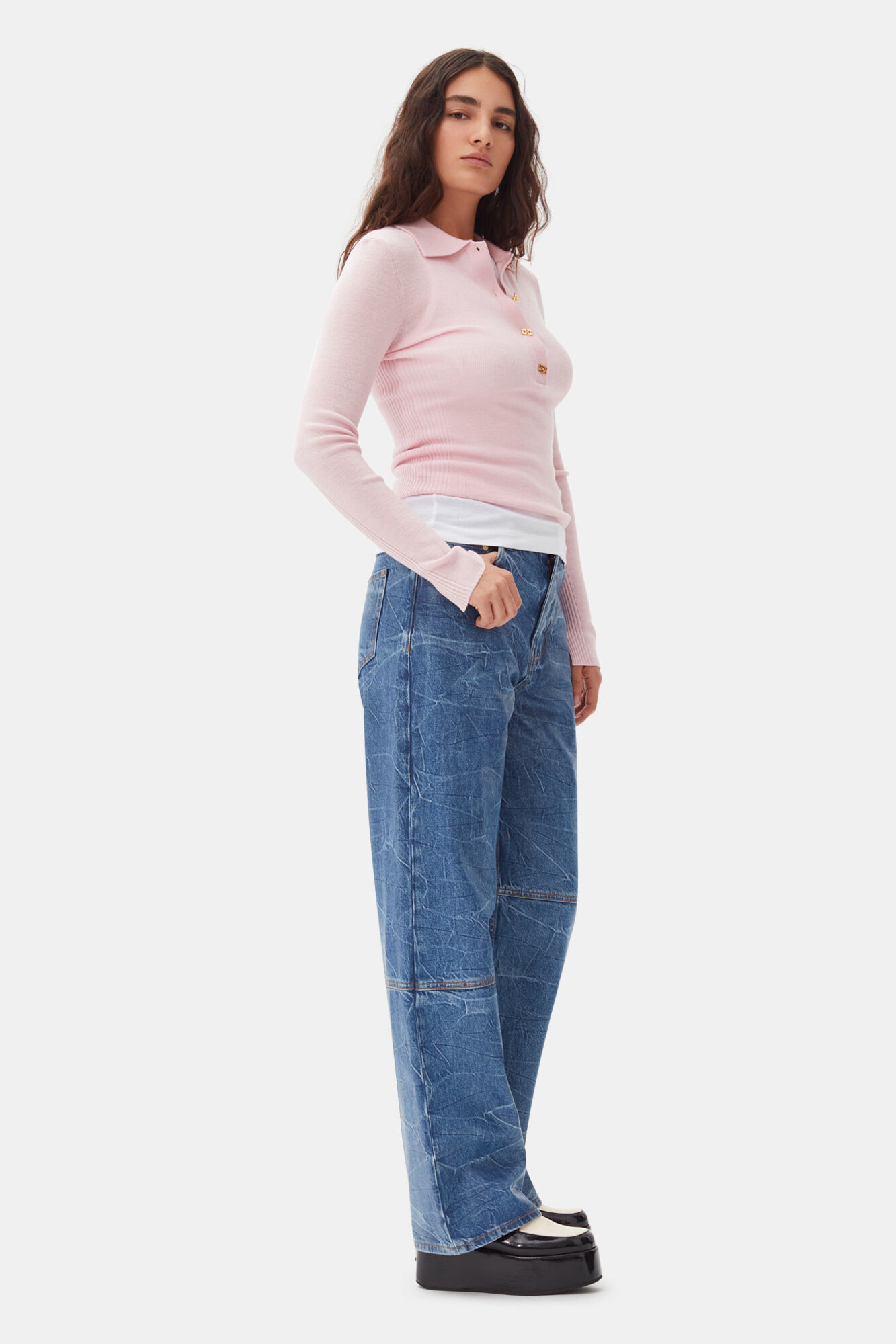 Pink Knitted Polo Shirt, Merino Wool, in colour Chalk Pink - 3 - GANNI