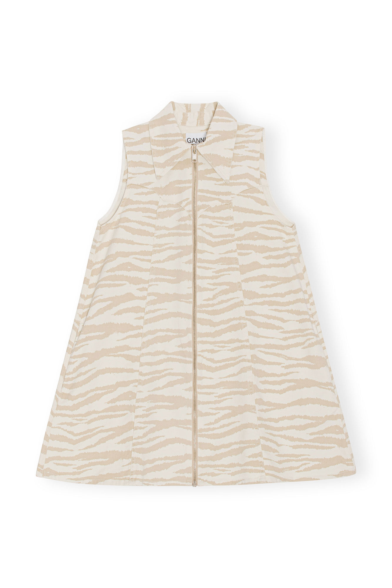Printed Denim Mini Dress, Elastane, in colour Pale Khaki - 1 - GANNI