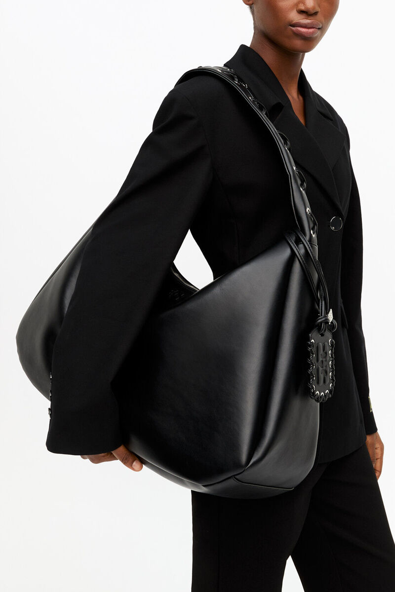 Black XXL Hobo Bag, Recycled Leather, in colour Black - 8 - GANNI