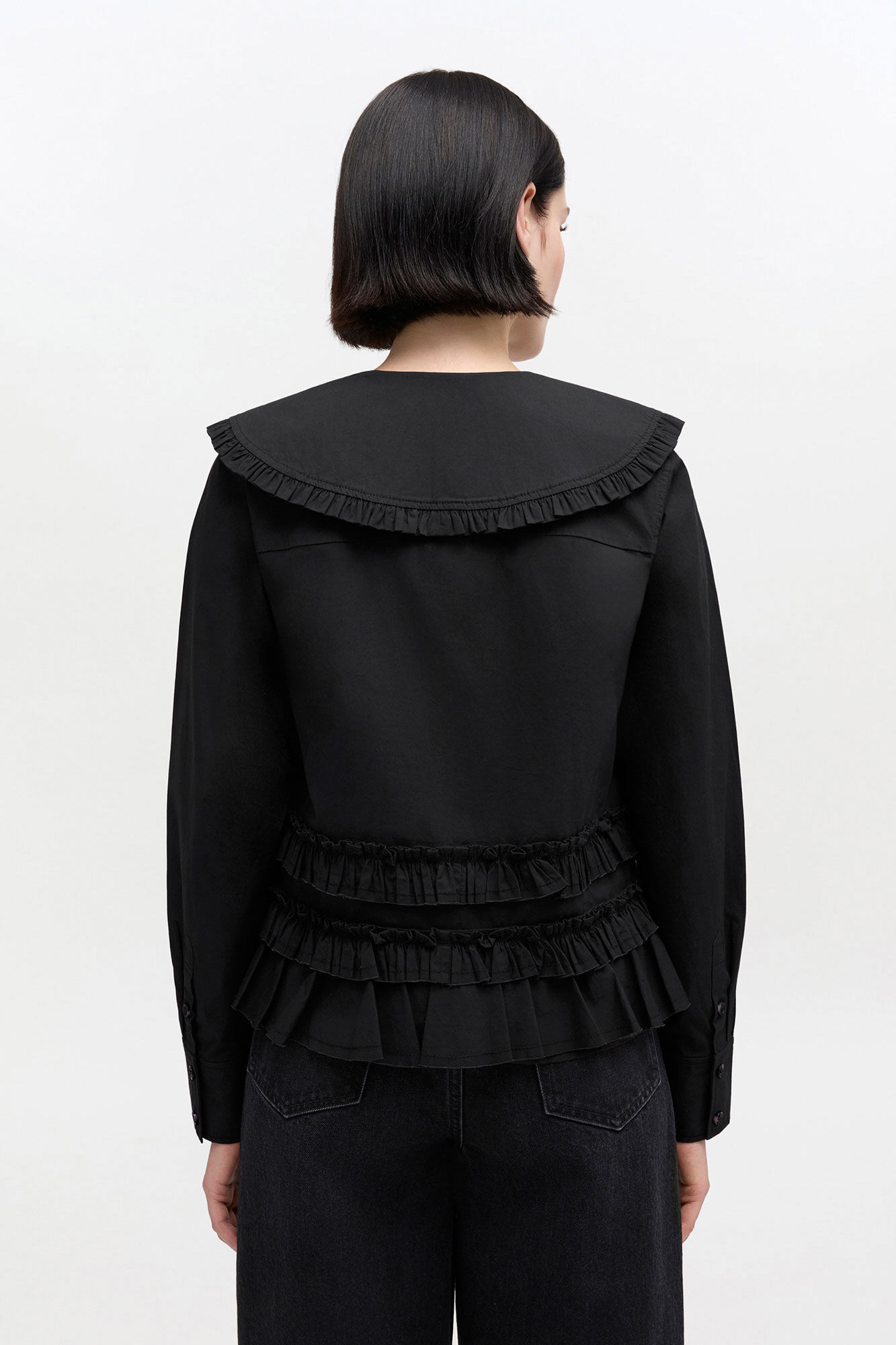 Chemise à volants en coton extensible, in colour Jet Black - 3 - GANNI