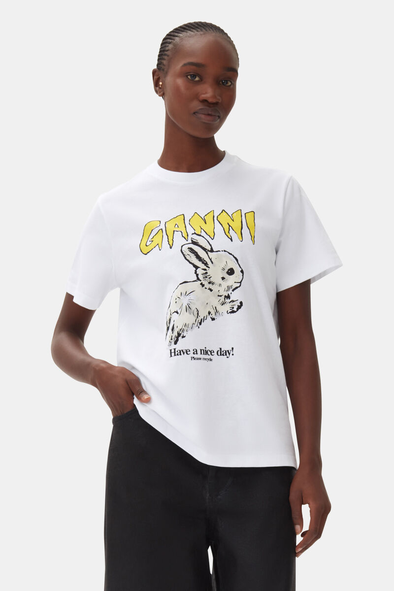 Relaxed Bunny T-shirt, Cotton, in colour Bright White - 1 - GANNI