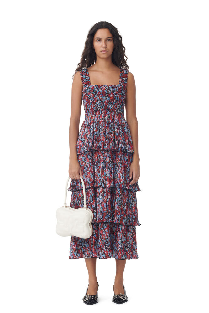 Red Pleated Georgette Flounce Smock Midi Dress, High Risk Red