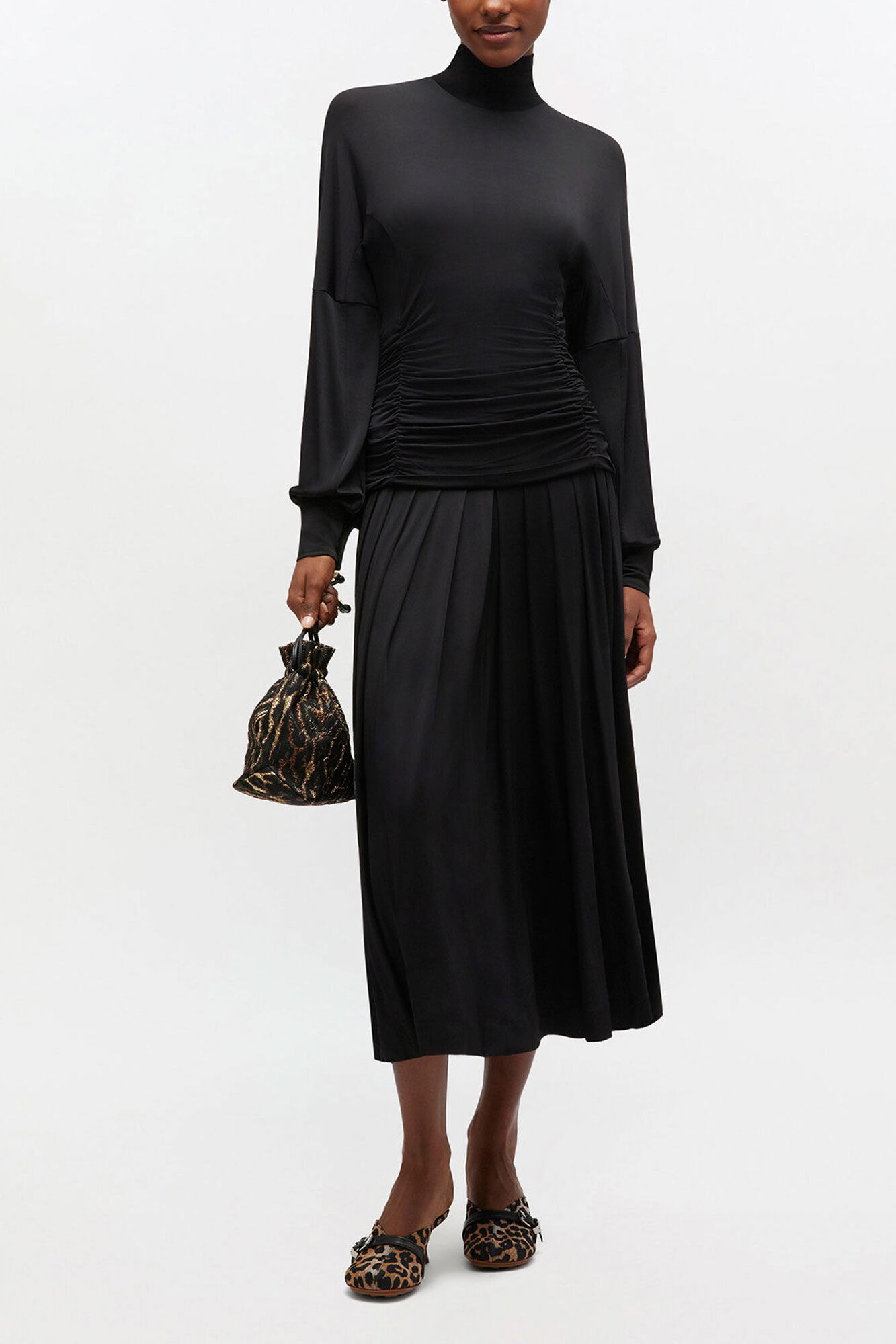 Long Dress in Black Ruched, Viscose, in colour Black - 1 - GANNI