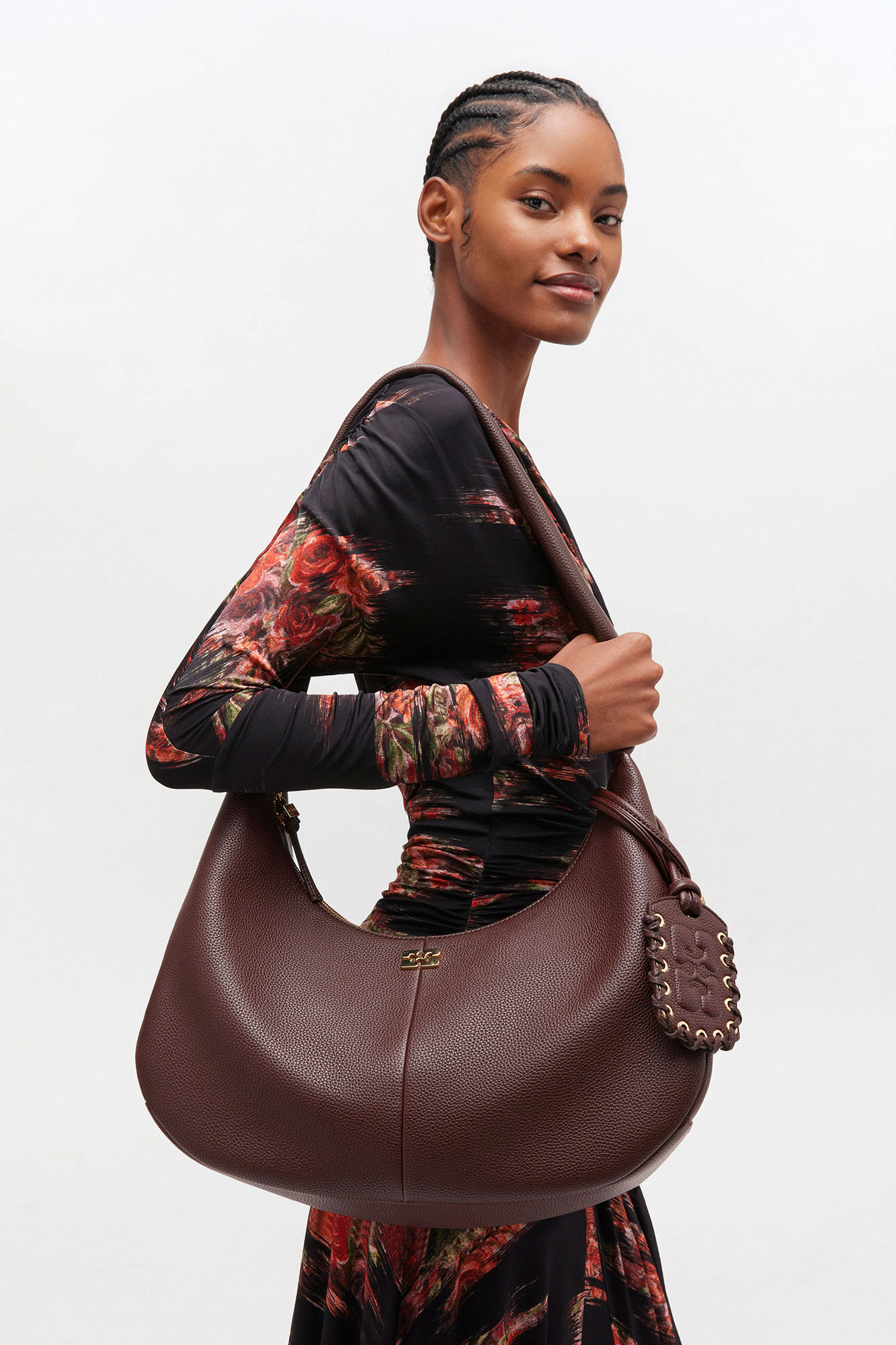 Brown Grained Medium Hobo Bag, Polyurethane, in colour Chicory Coffee - 4 - GANNI