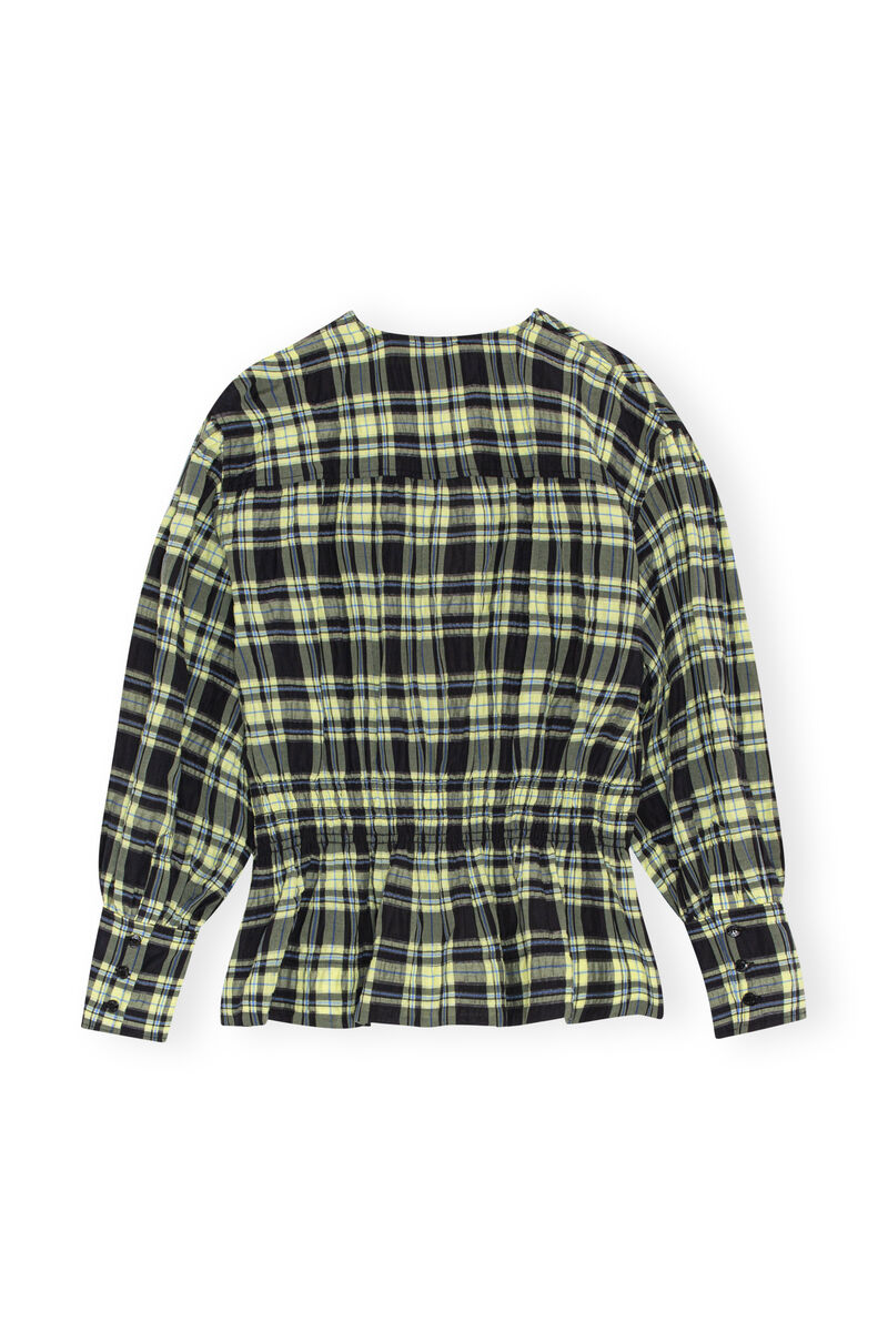Checkered Seersucker Blouse, Cotton, in colour Check Elfin Yellow - 2 - GANNI