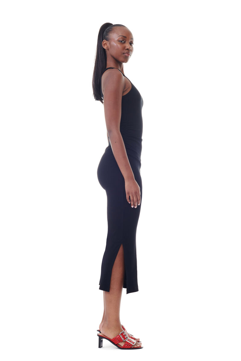 Black Soft Cotton Rib Tank Top Long Dress, Elastane, in colour Black - 3 - GANNI