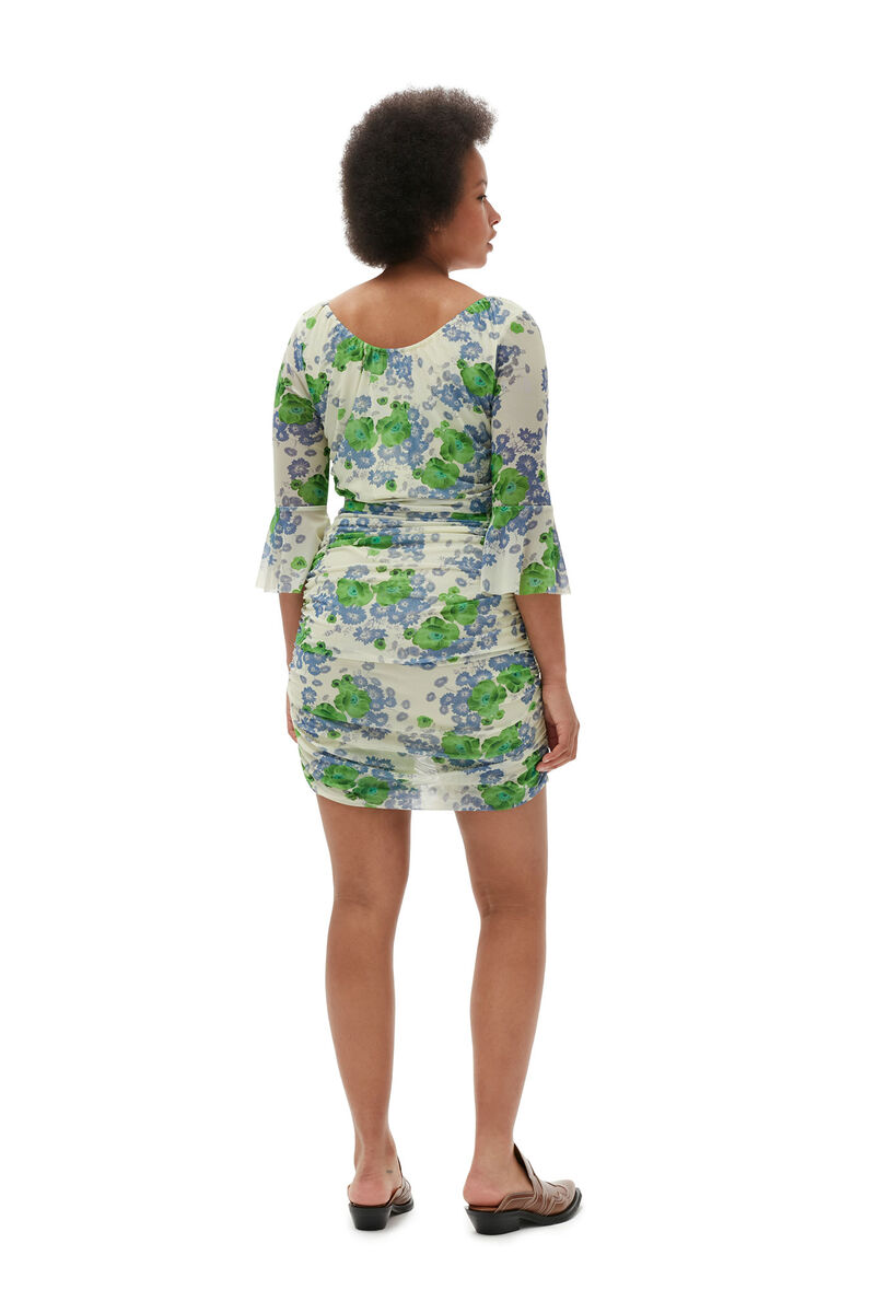 Printed Mesh U-neck Ruched Mini Dress, Recycled Nylon, in colour Egret - 6 - GANNI
