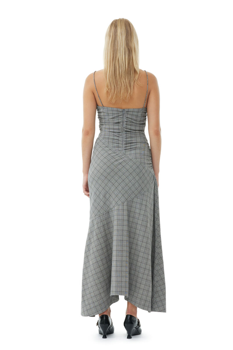 Checkered Ruched Long Slip Dress, Elastane, in colour Frost Gray - 4 - GANNI