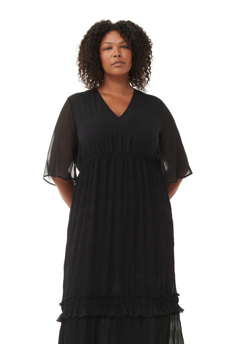 Black Pleated Georgette Maxi Dress, Recycled Polyester, in colour Black - 8 - GANNI