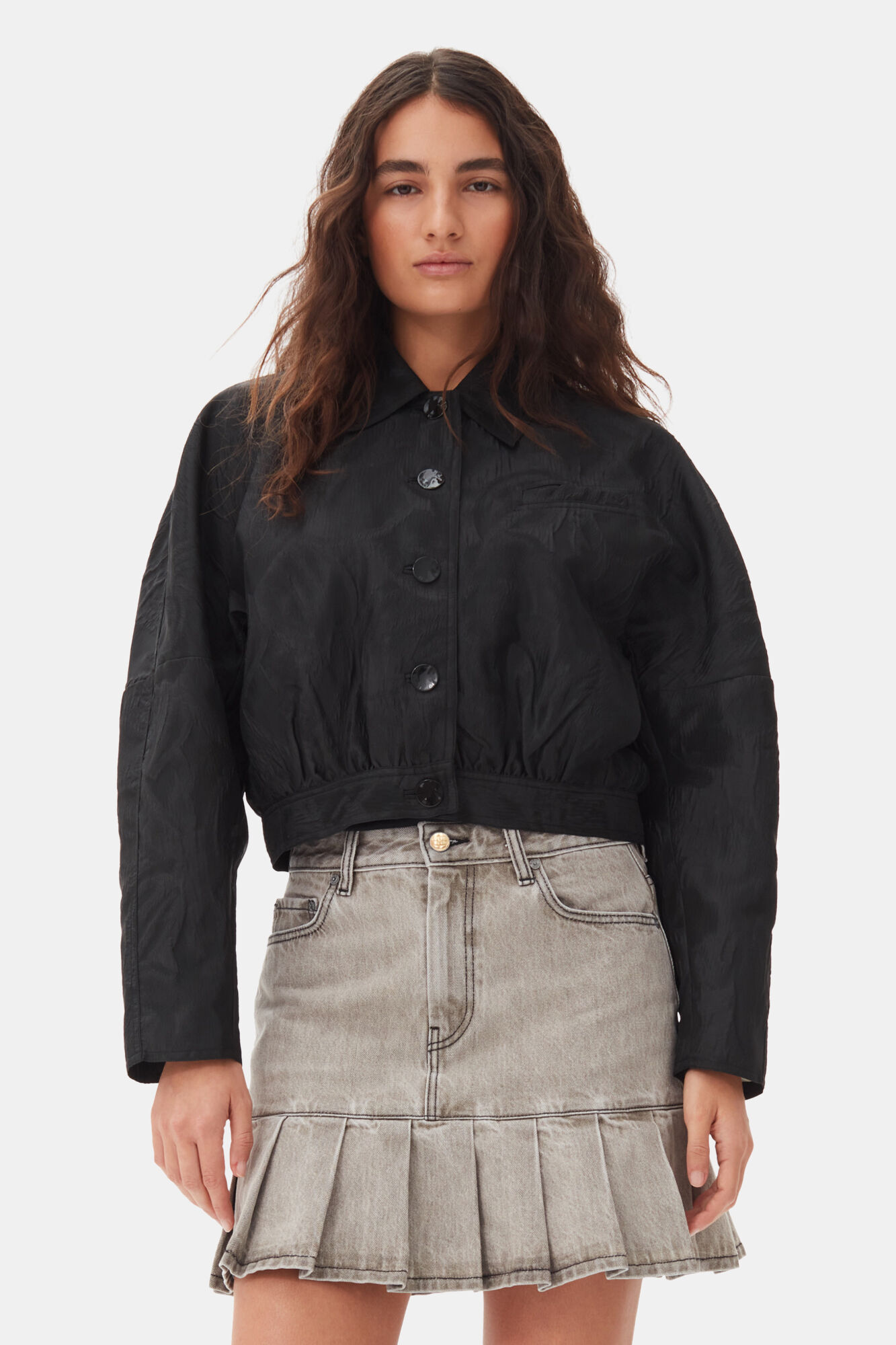 Black Textured Cloque Short Jacket, Nylon, in colour Black - 1 - GANNI