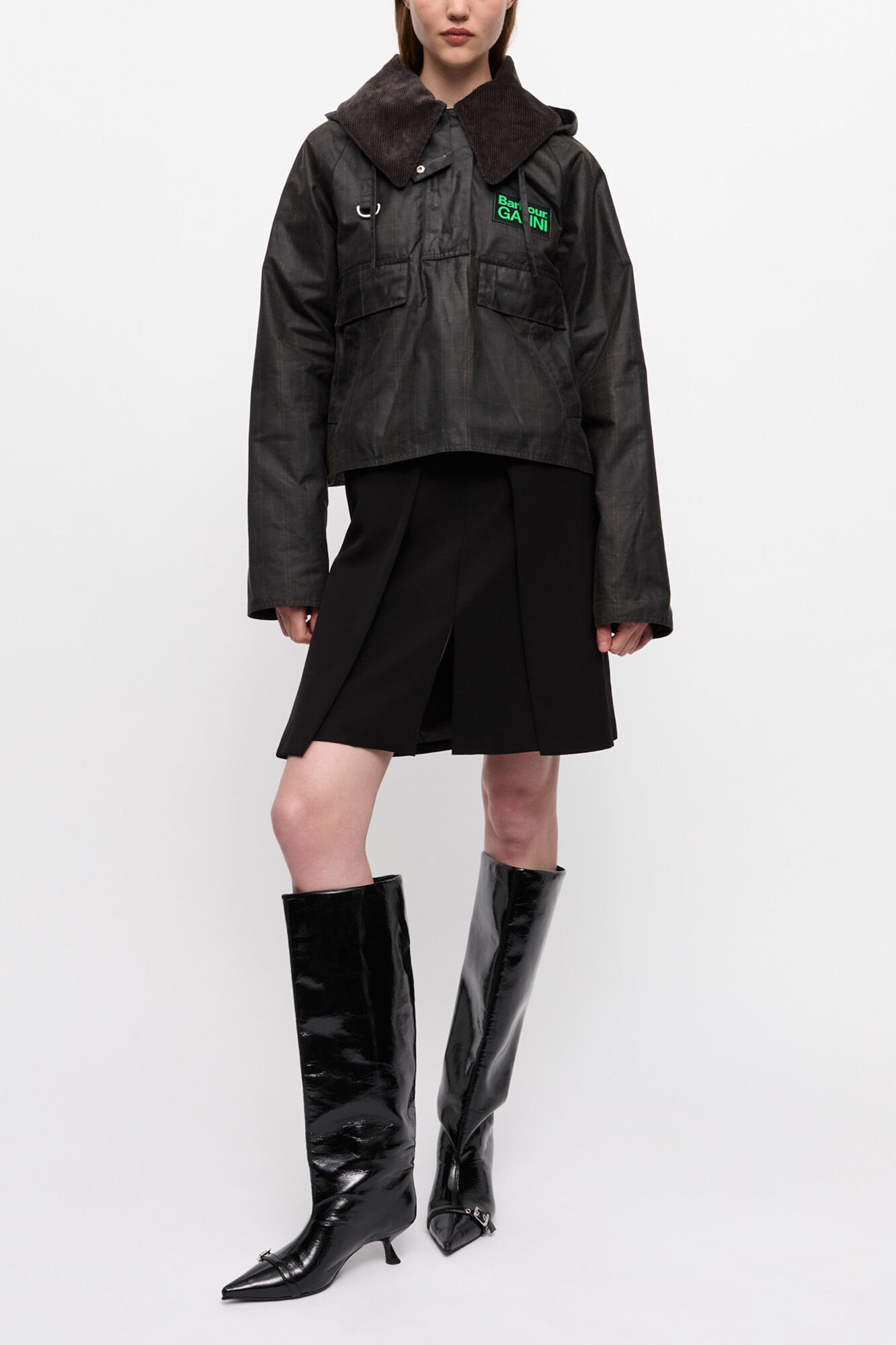 GANNI x Barbour Tartan Waxed Anorak, Organic Cotton, in colour Dark Green - 3 - GANNI