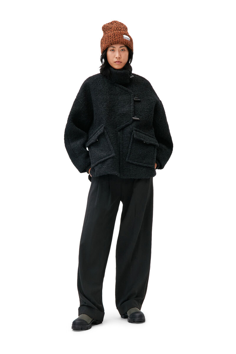 Boucle Wool Drop Shoulder Half Placket Jacket, Polyester, in colour Black - 2 - GANNI