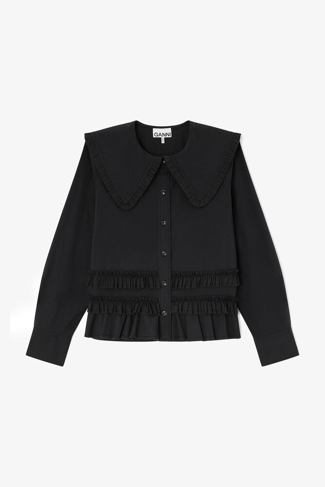 Stretch Cotton Ruffle Shirt, Black