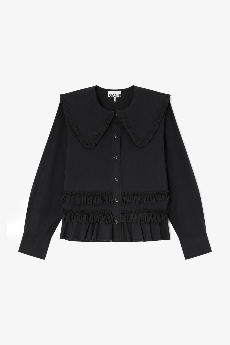 Stretch Cotton Ruffle Shirt, Organic Cotton, in colour Black - 1 - GANNI