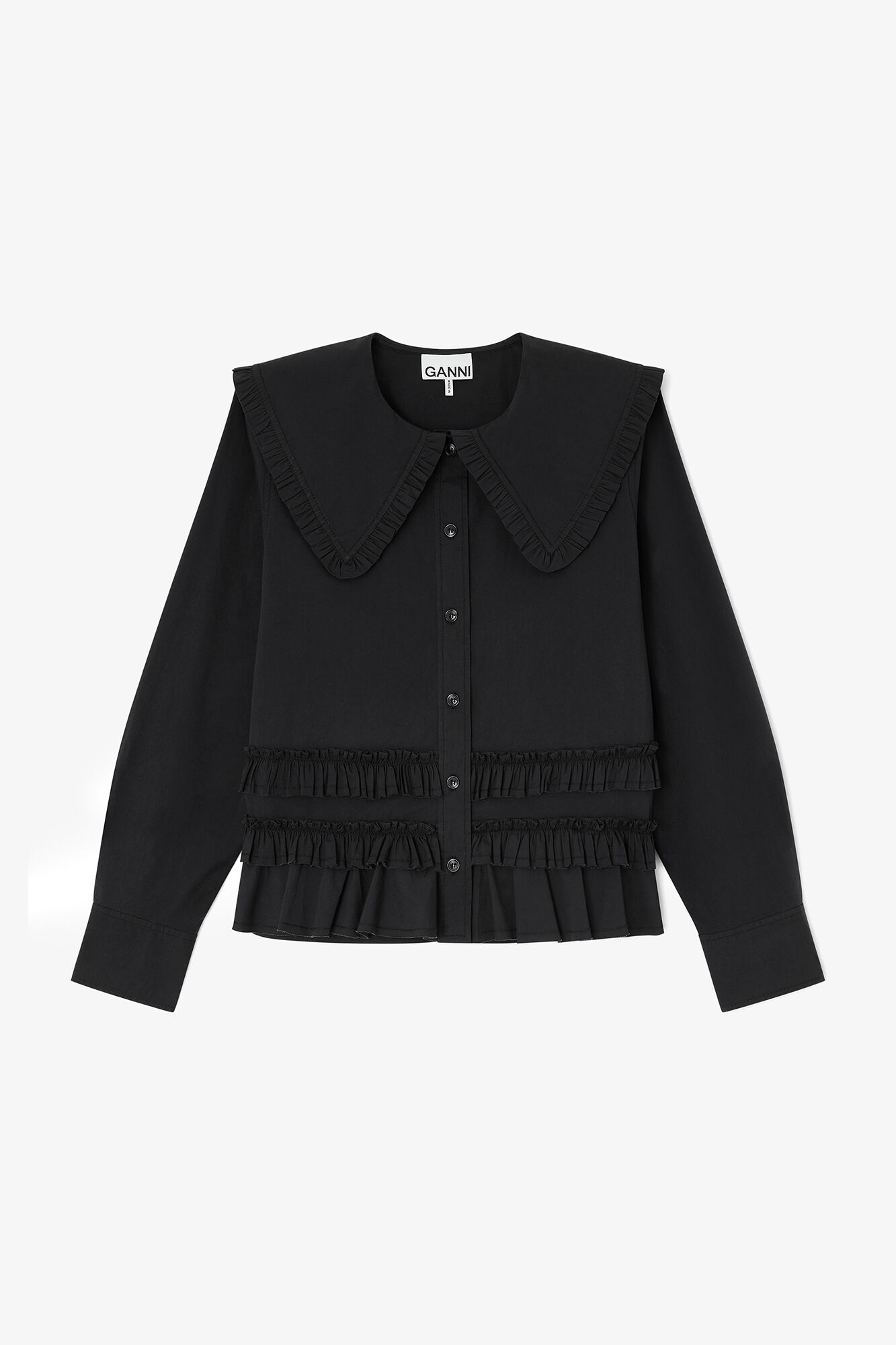Stretch Cotton Ruffle Shirt, Organic Cotton, in colour Black - 1 - GANNI