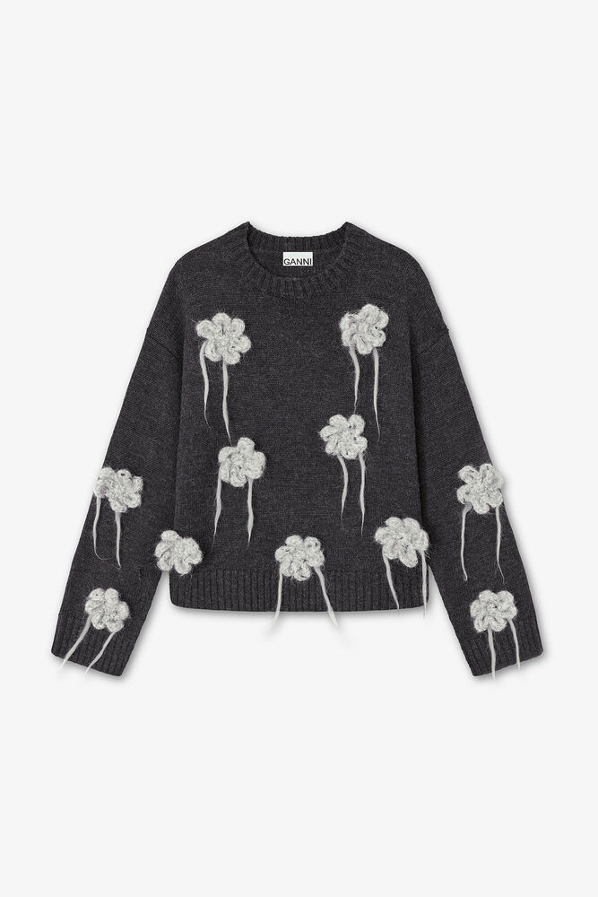Dark Grey Flower Crochet Sweater, Phantom