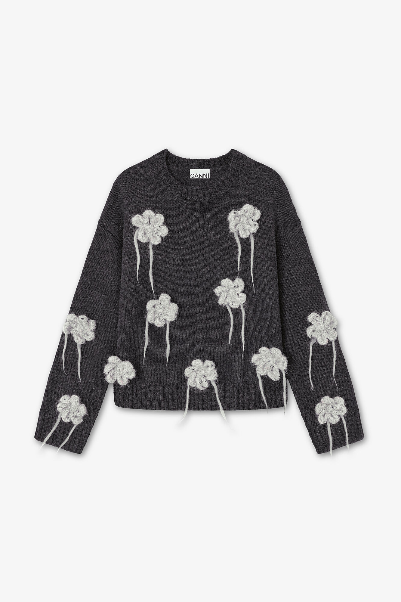 Dark Grey Flower Crochet Sweater, Wool, in colour Phantom - 1 - GANNI