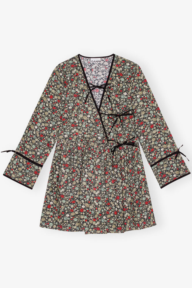 Floral Printed Wrap Dress, Black Sand