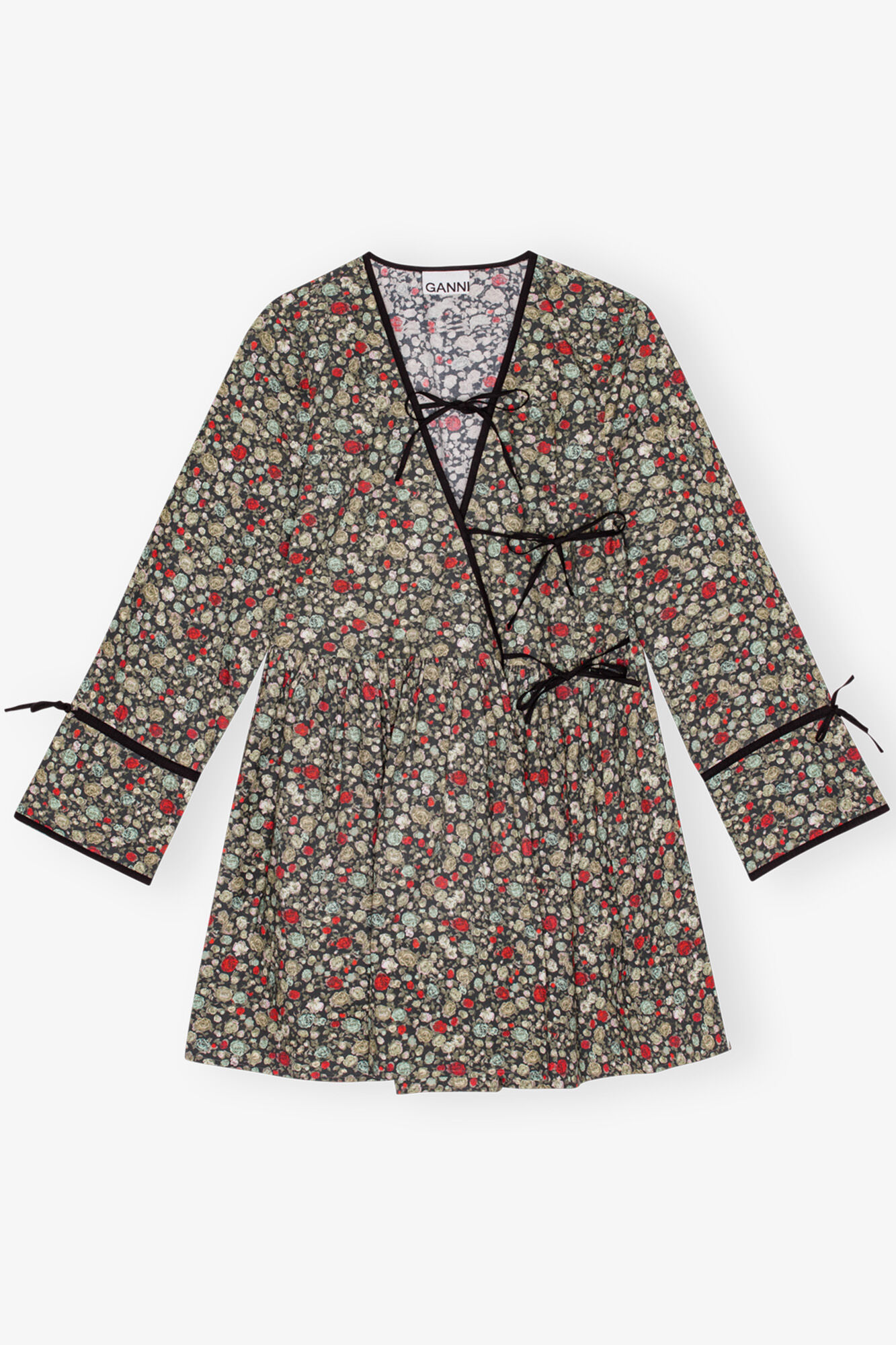 Floral Printed Wrap Dress, Cotton, in colour Black Sand - 1 - GANNI