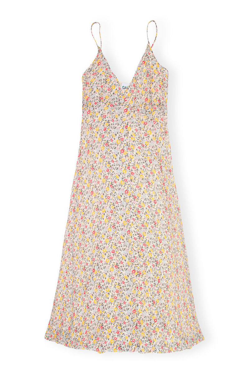 Printed Georgette Strap Wrap Dress, Viscose, in colour Egret - 1 - GANNI