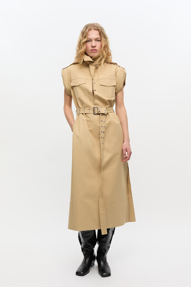 Beige Stretch Cotton Dress, Linen, in colour Pale Khaki - 1 - GANNI