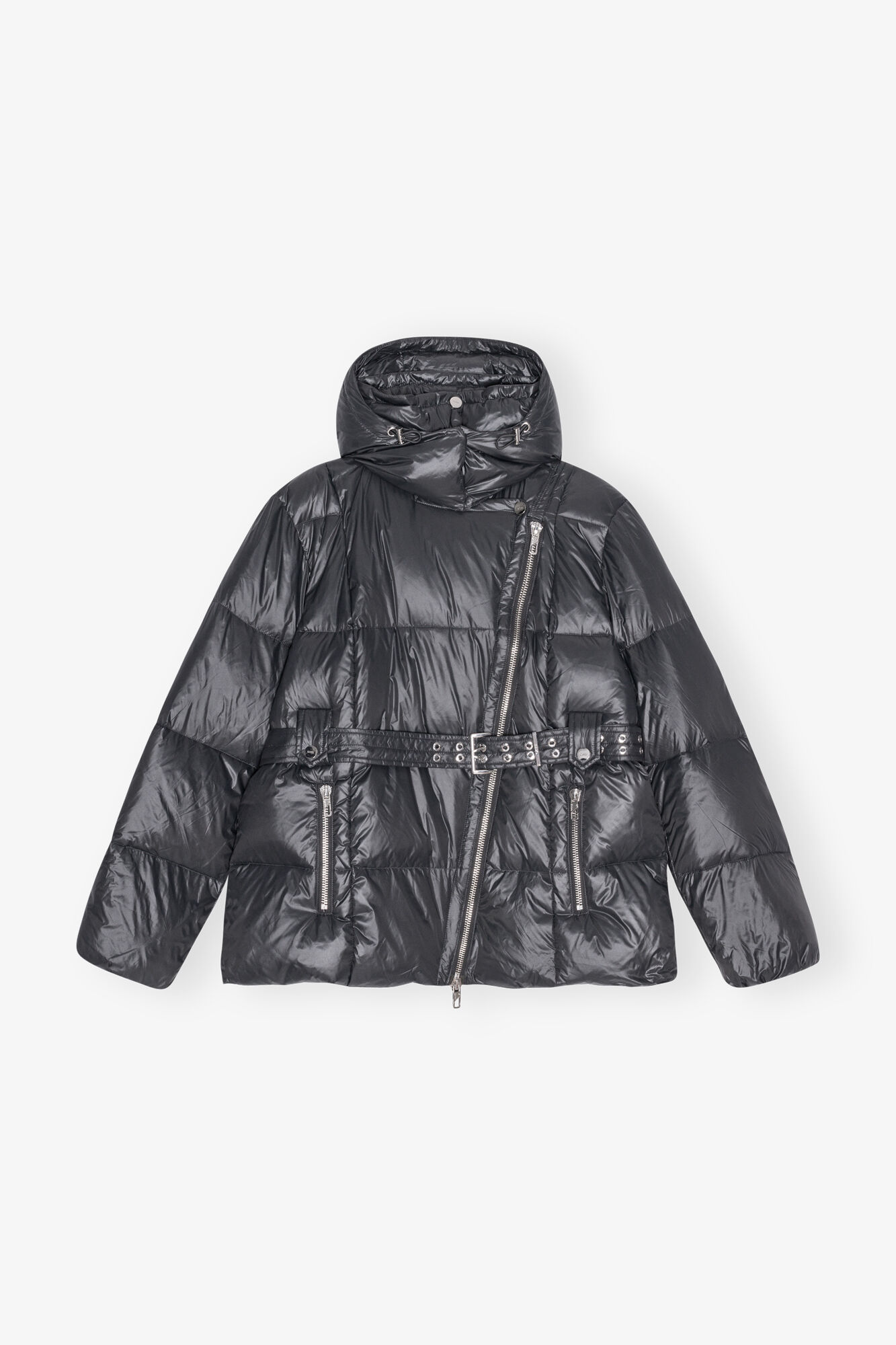 Black Shiny Nylon Puffer Jacket, Nylon, in colour Black Sand - 1 - GANNI