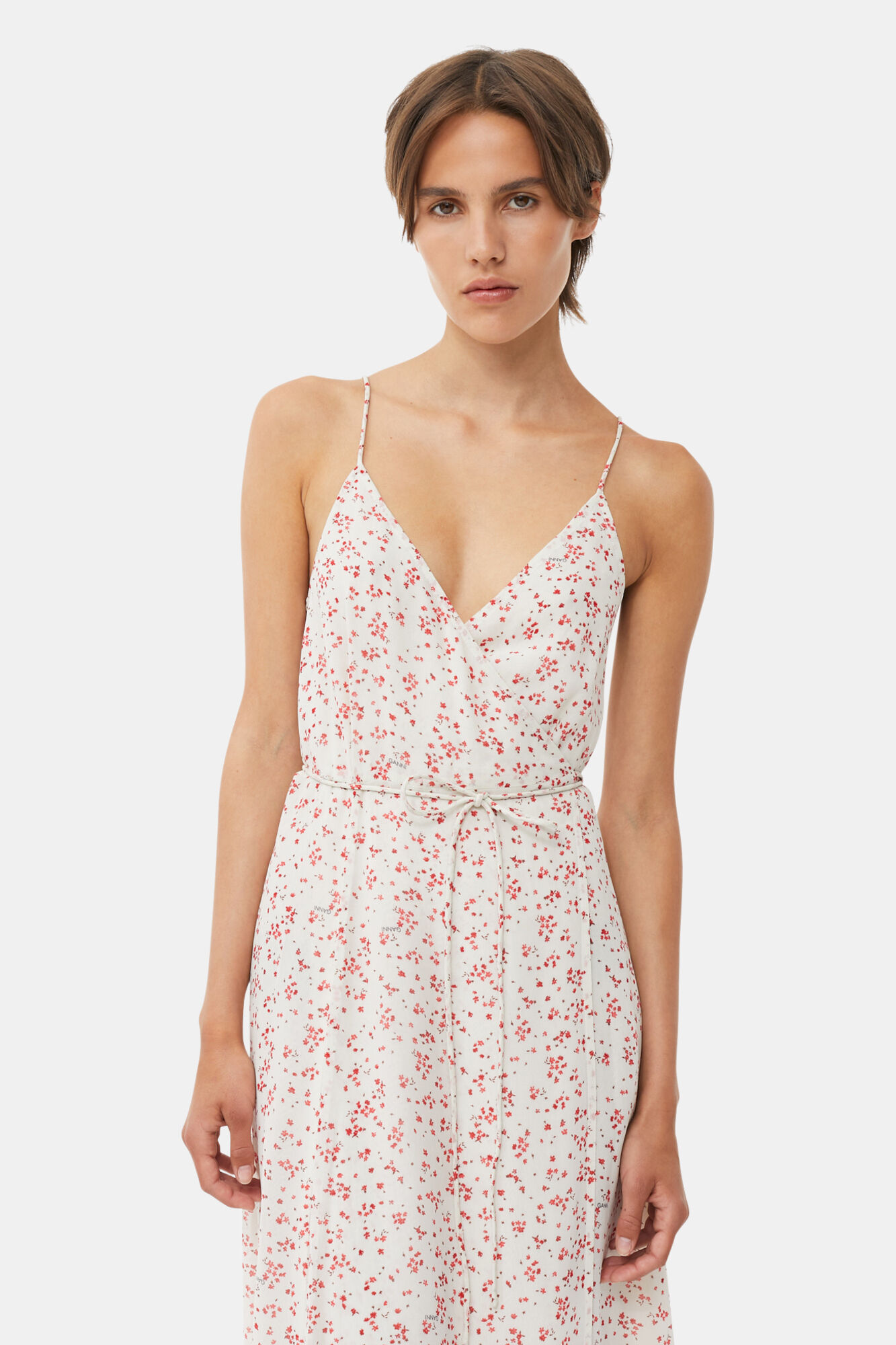 Printed Georgette Strap Wrap Dress, Viscose, in colour Egret - 4 - GANNI