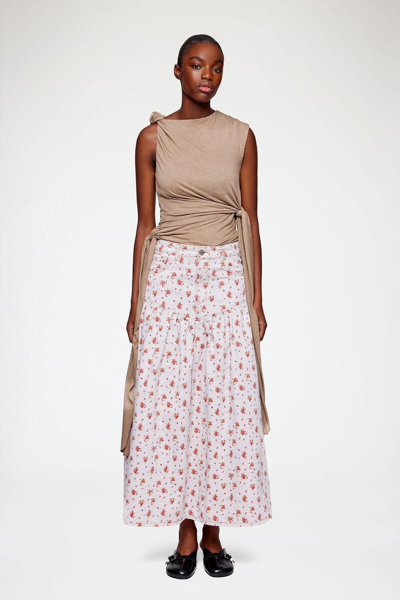 Skirt in Printed Denim, Organic Cotton, in colour Peachskin - 1 - GANNI