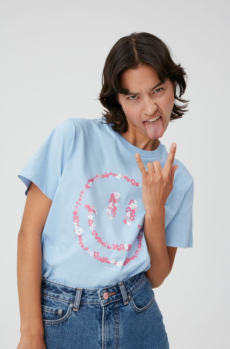 Basic Jersey Flower Smiley Print O-neck Relaxed T-shirt, Cotton, in colour Placid Blue - 1 - GANNI