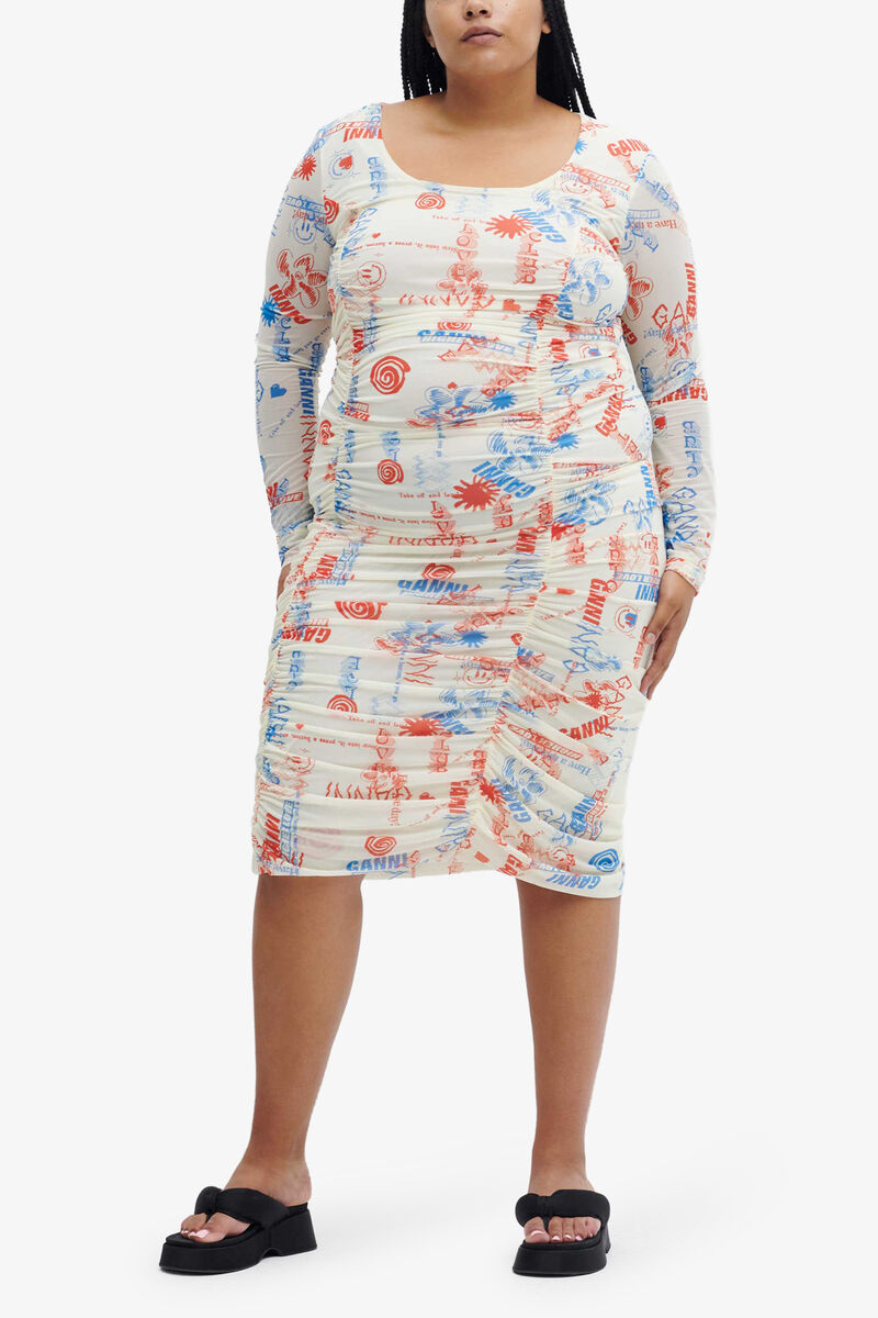 Ruched Mesh Midi Dress, Nylon, in colour Egret - 1 - GANNI