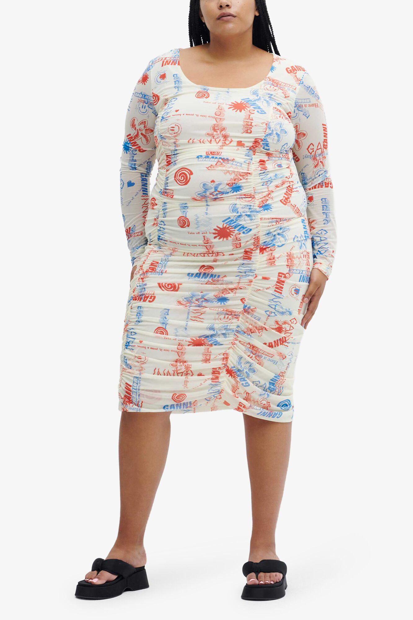 Ruched Mesh Midi Dress, Nylon, in colour Egret - 1 - GANNI