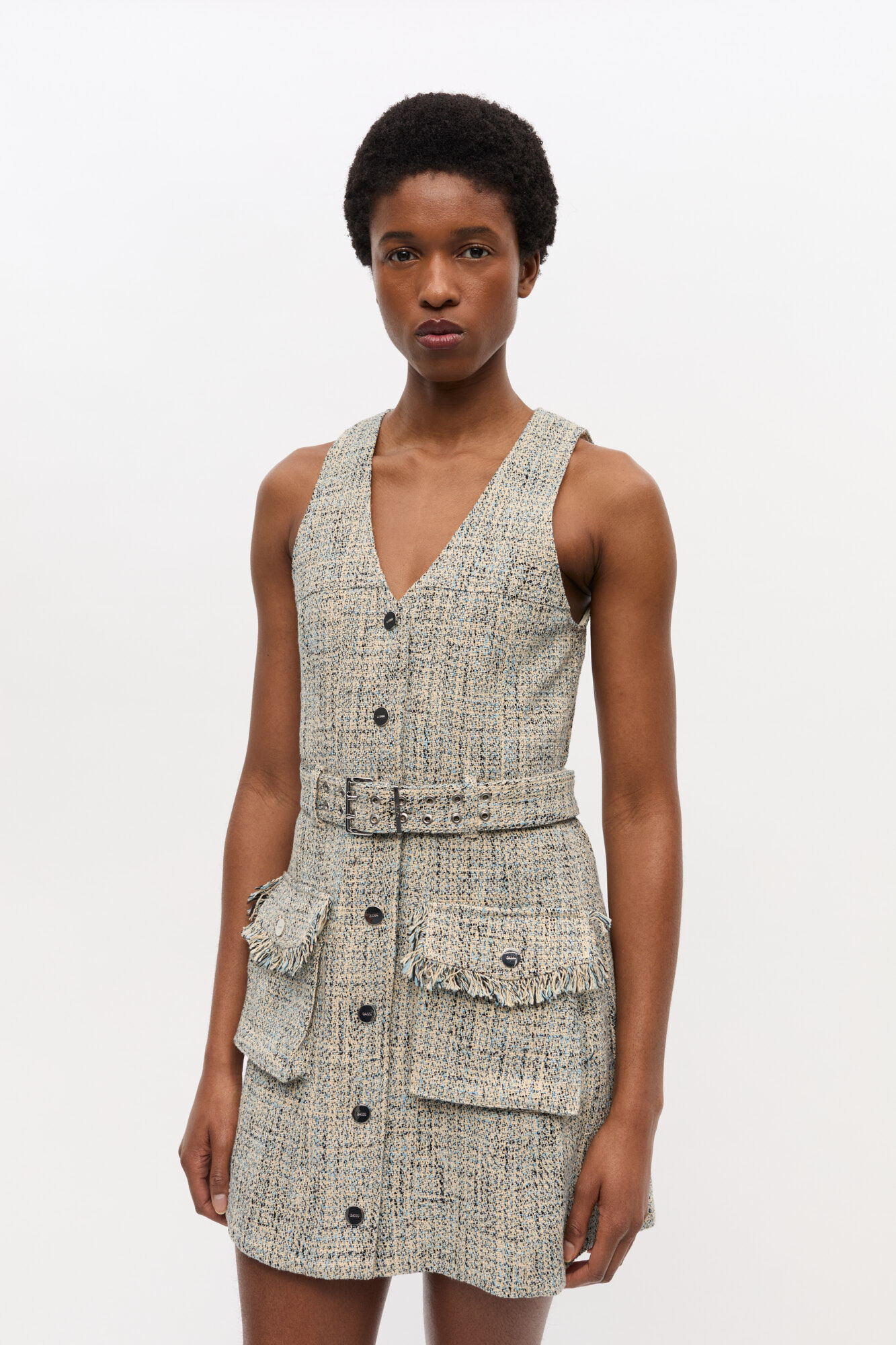 Tweed Sleeveless Belted Dress, Cotton, in colour Alaskan Blue - 3 - GANNI